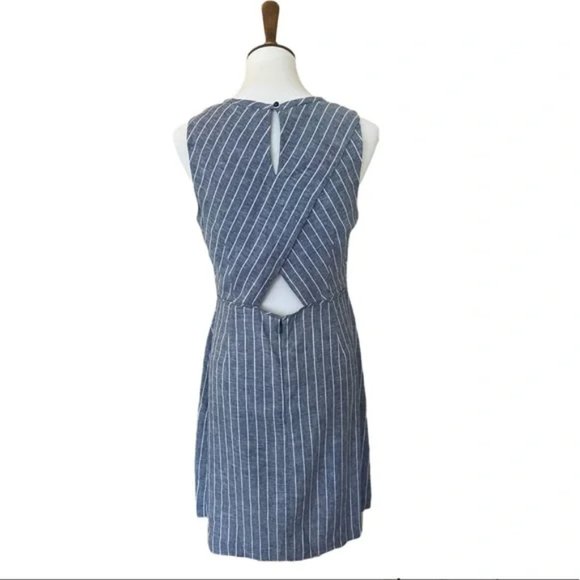 Ann Taylor LOFT Blue Chambray Linen Chevron Stripe Sleeveless Open Back Dress - Picture 4 of 12